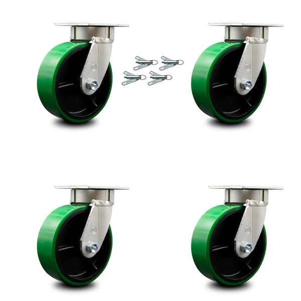 6 Inch Kingpinless Green Poly on Steel Wheel Swivel Caster Set with Swivel Lock